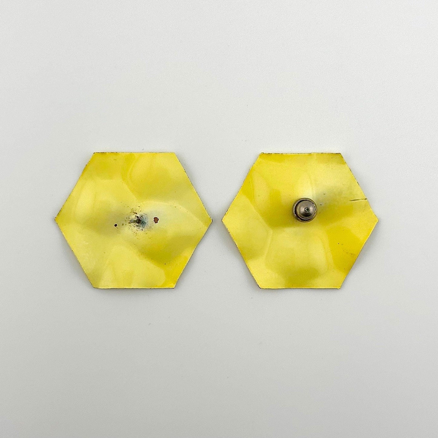Vintage Metal Stud Earrings, Bright Yellow Hexagon in Shape with Circular Depressions.