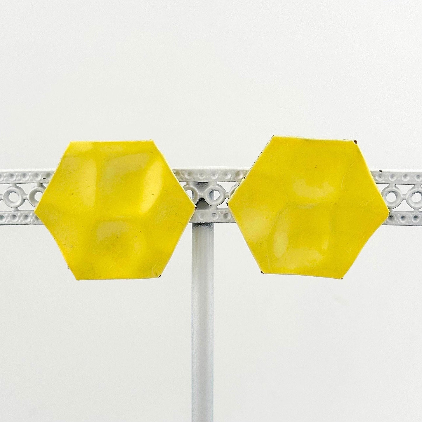 Vintage Metal Stud Earrings, Bright Yellow Hexagon in Shape with Circular Depressions.