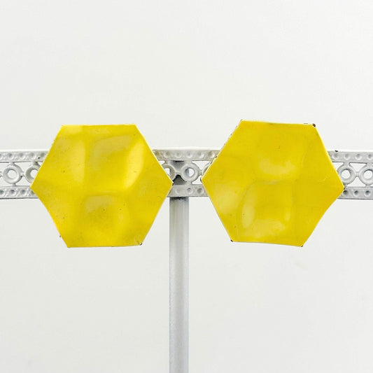 Vintage Metal Stud Earrings, Bright Yellow Hexagon in Shape with Circular Depressions.