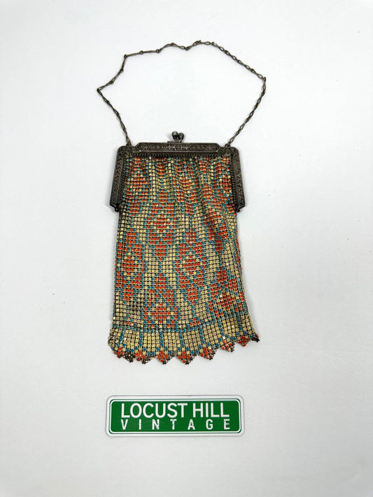 Vintage Art Deco Enamel & Mesh Handbag by Whiting And Davis Co, 1920s.