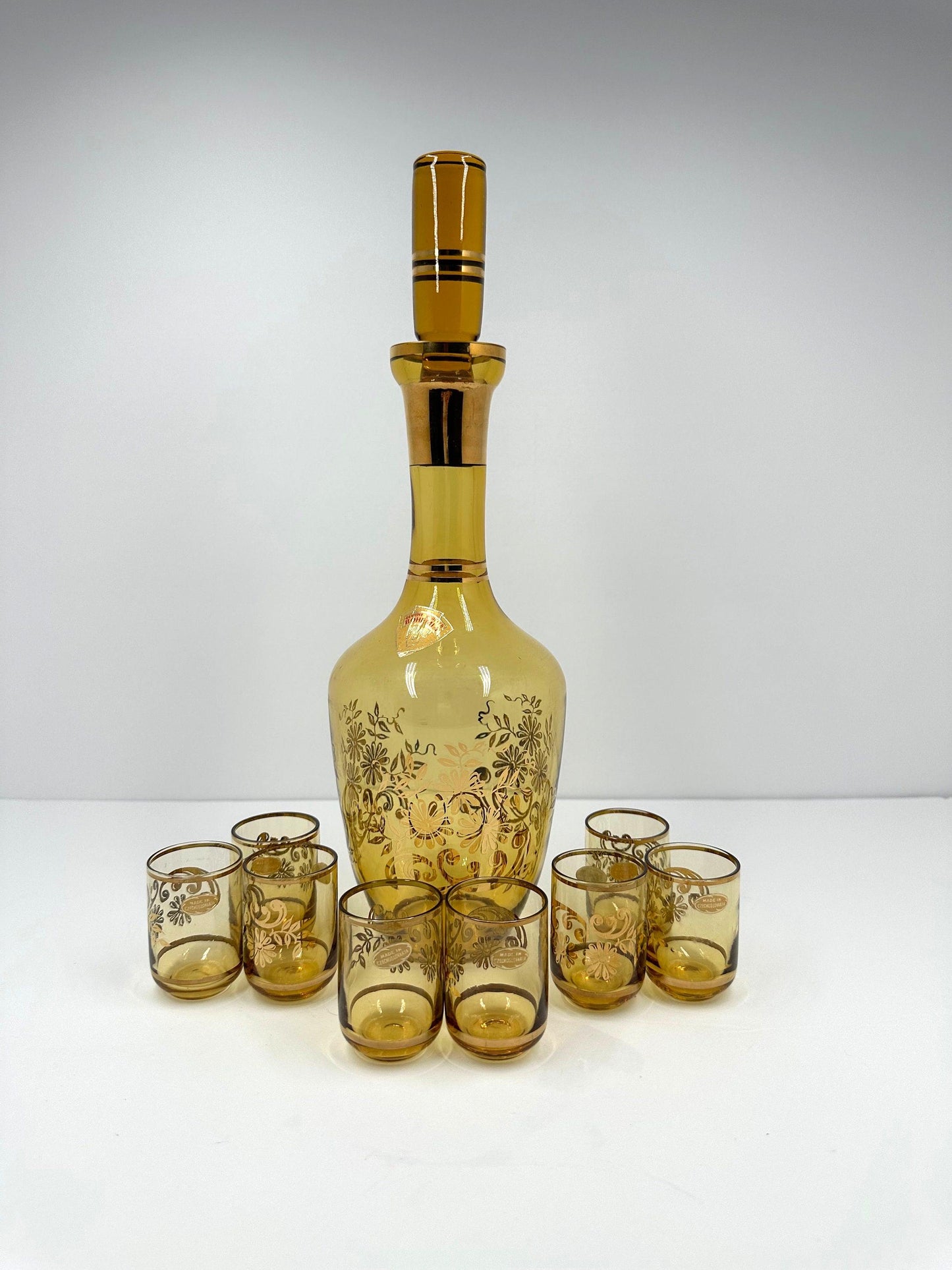 Vintage Decanter, 8 Matching Shot Glasses, Brown Glass, Bar Set, 1970s