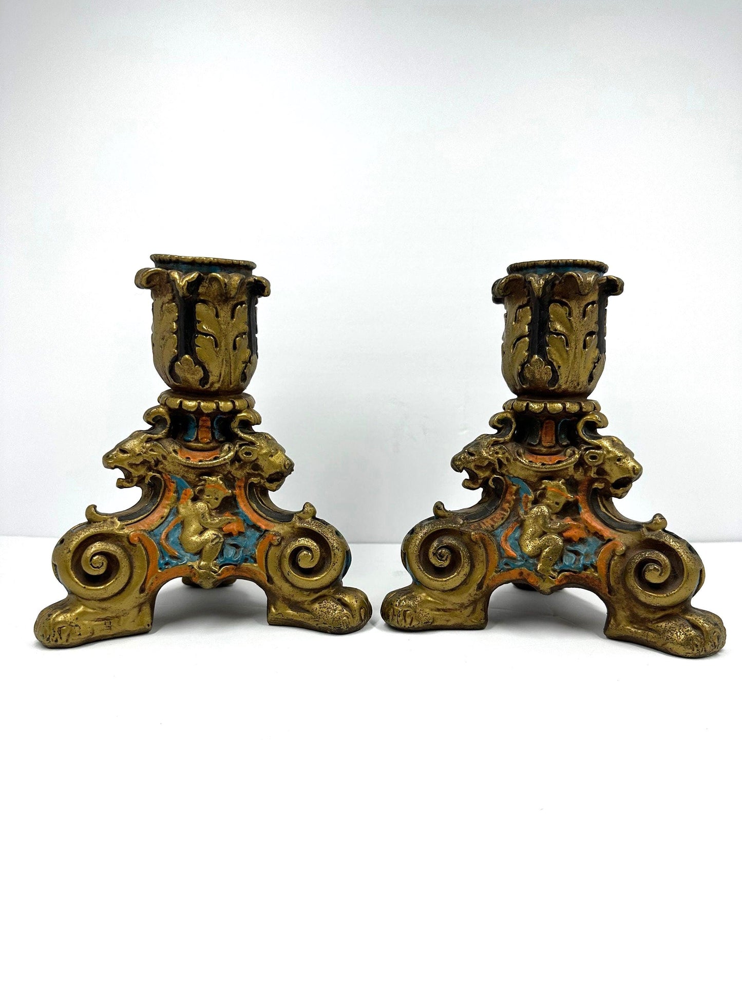 Vintage Candlestick Holders, Hand Painted with Cherubs and Lions. Heavy!