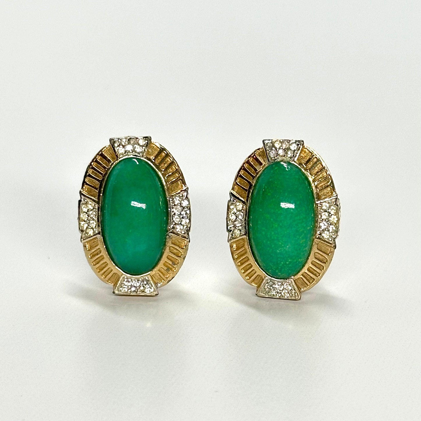 Vintage Necklace Set of Gold Tone Bolero with Green Stone & Rhinestone Clip-On Earrings