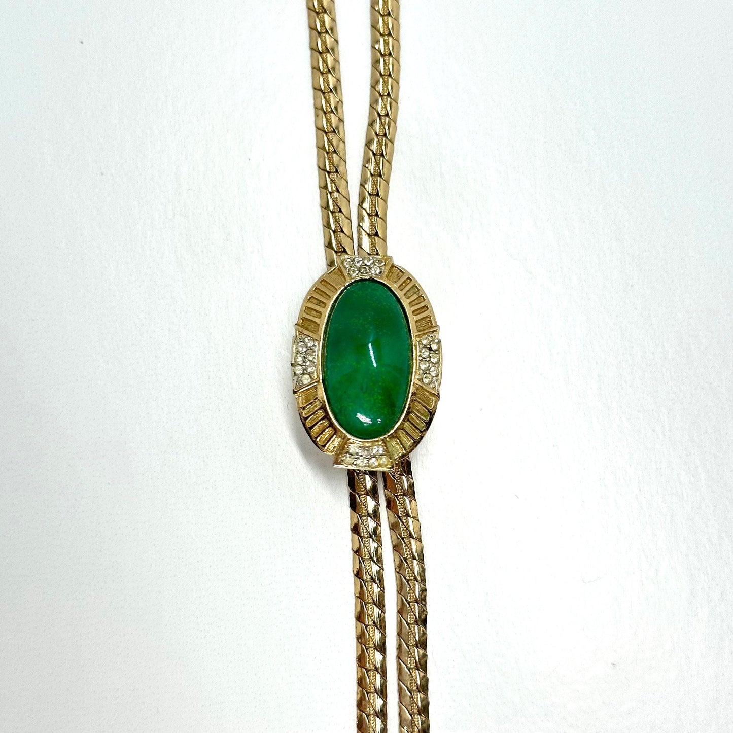 Vintage Necklace Set of Gold Tone Bolero with Green Stone & Rhinestone Clip-On Earrings