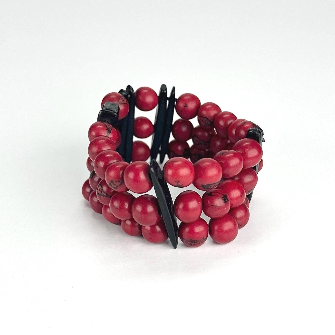 Vintage Stretchy Bracelet Made from Red and Black Beads
