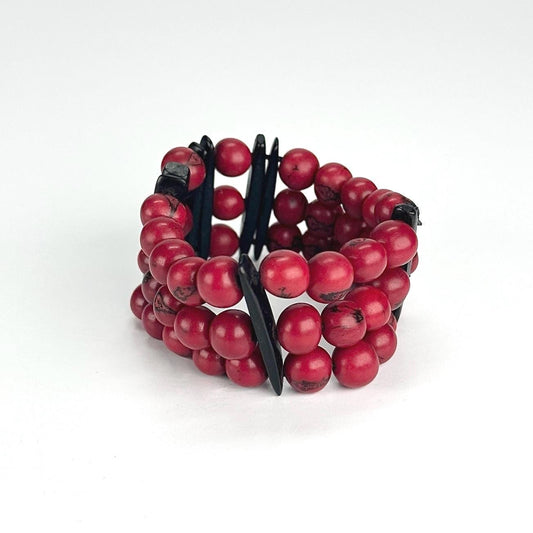 Vintage Stretchy Bracelet Made from Red and Black Beads