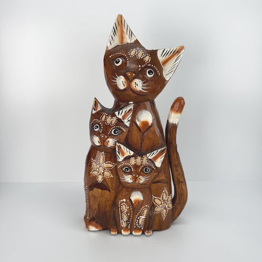 Vintage Figurine of Three Cats and Made from Hand Carved Wood