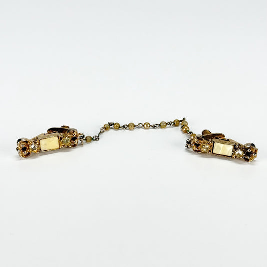 Vintage Sweater Clip in Gold Tone with Rhinestones and Faux Peals