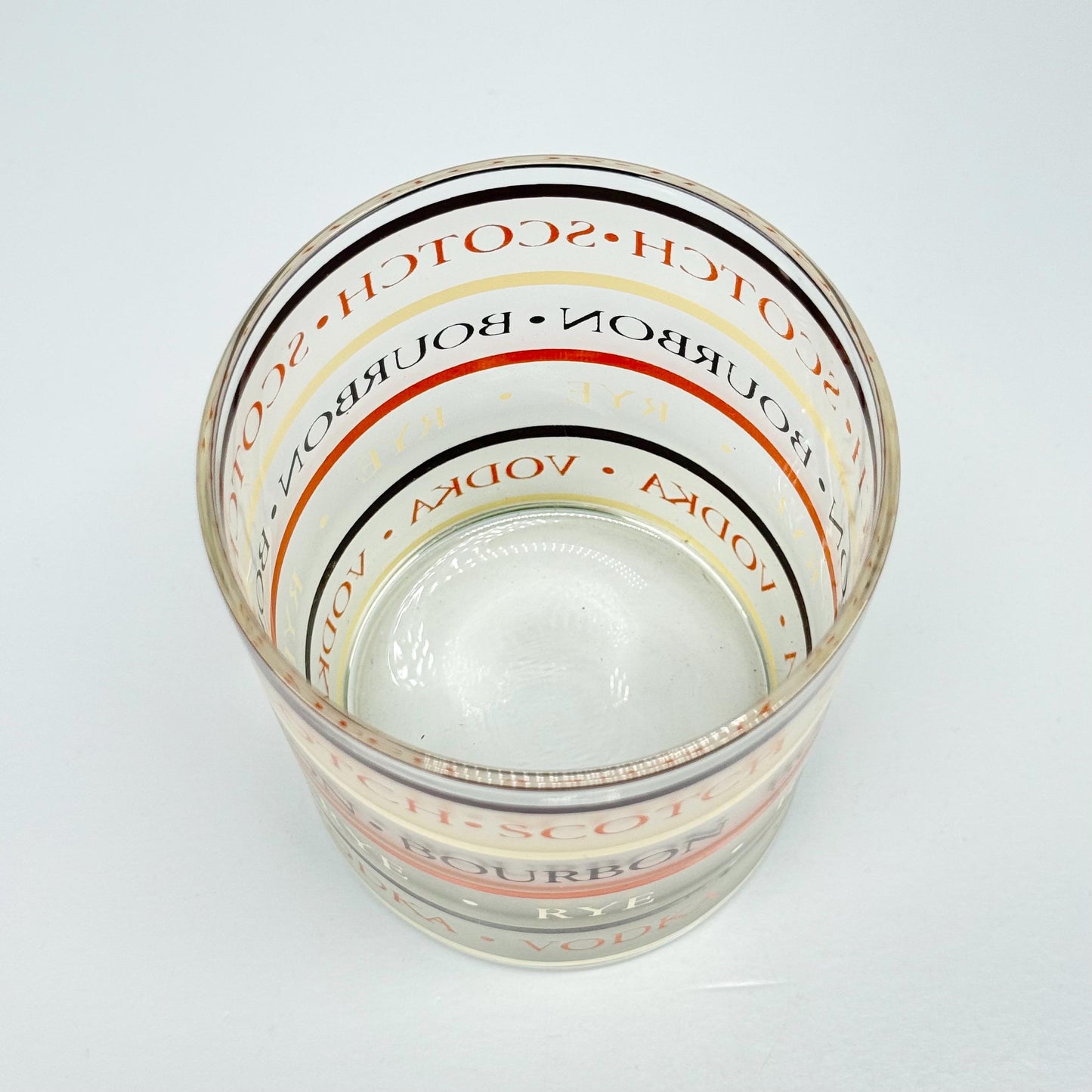 Vintage Frosted Rocks Glass That Reads Scotch, Bourbon, Rye, Vodka, Gin & Whiskey