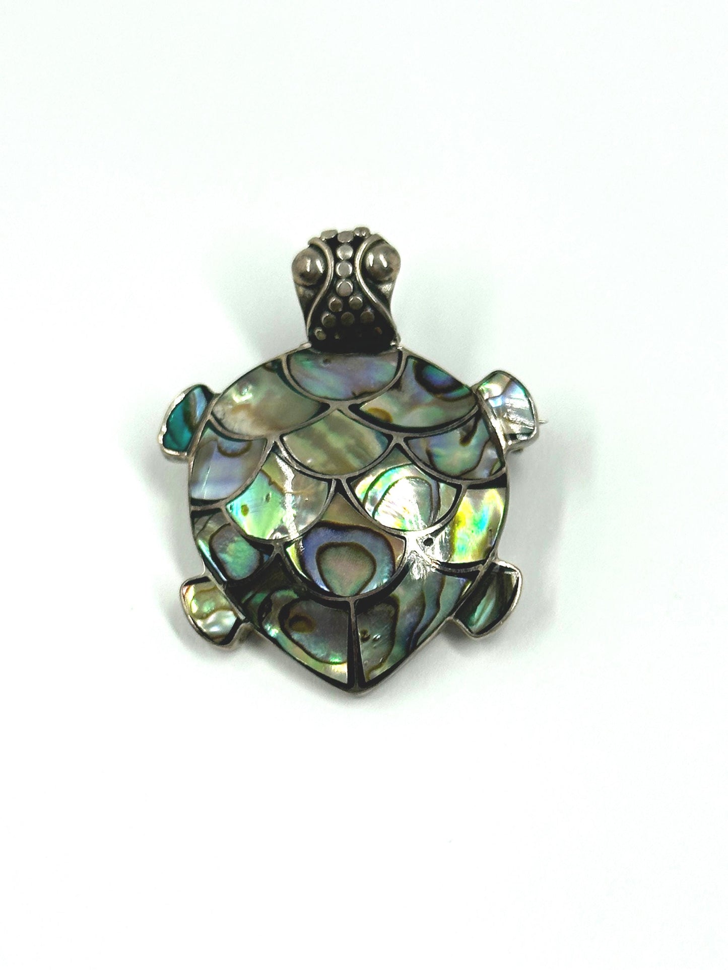 Vintage Turtle Brooch, Sterling Silver with Iridescent Shell-Like Accents.