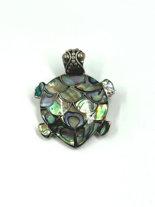 Vintage Turtle Brooch, Sterling Silver with Iridescent Shell-Like Accents.