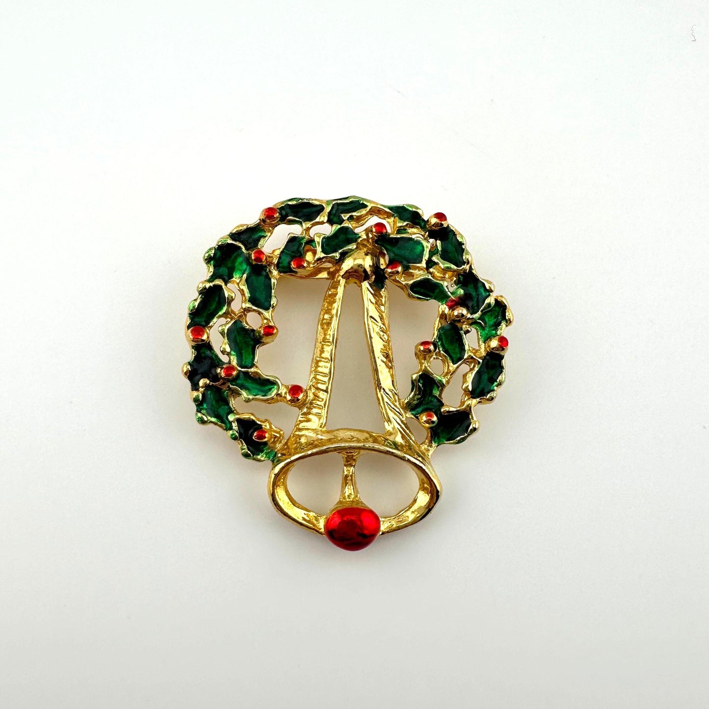 Vintage Christmas Wreath and Bell Brooch, Gold Tone, Red and Green.