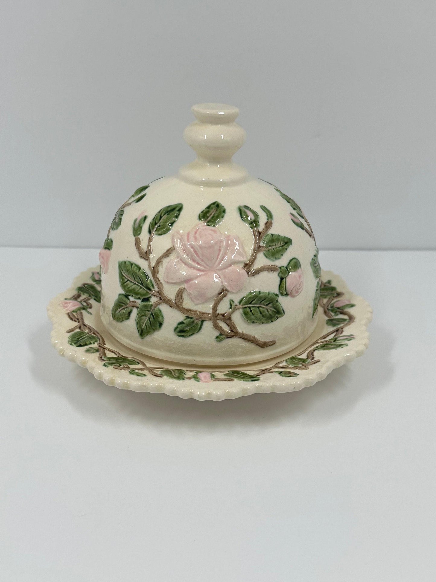 Vintage Ceramic Butter Dish With Pink Rose Bud Design.