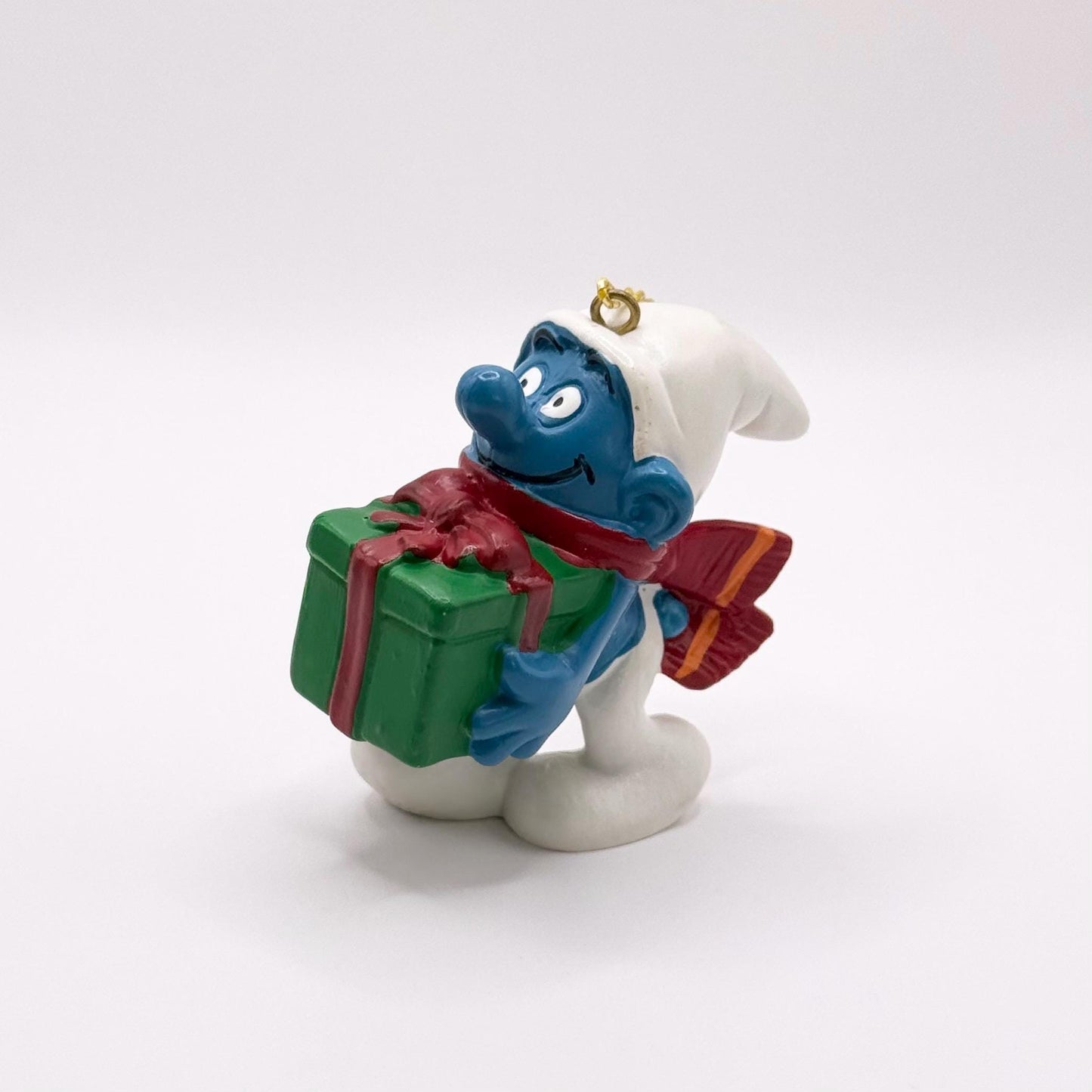 Vintage Christmas Smurf Ornament Holding Presents and Made by Peyo Schleich