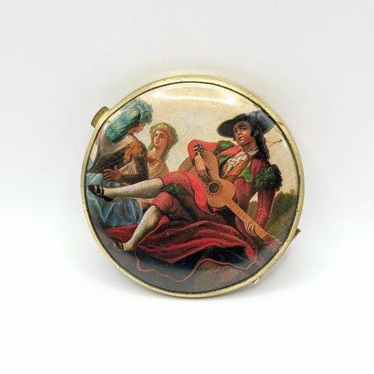 Vintage Mirror Compact in Gold Tone with Victorian Folk Art Design
