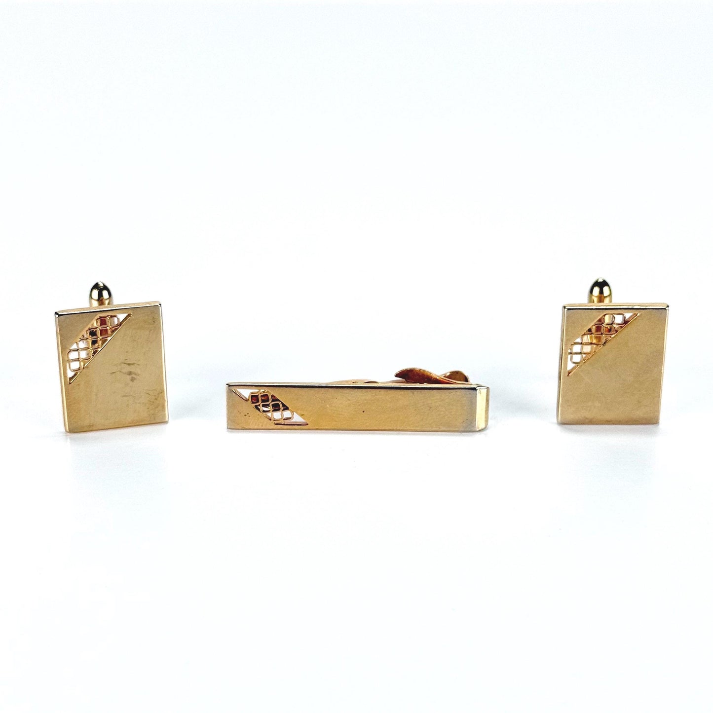 Vintage Cuff Links and Tie Clip Set in Gold Tone Cutout Design by Swank