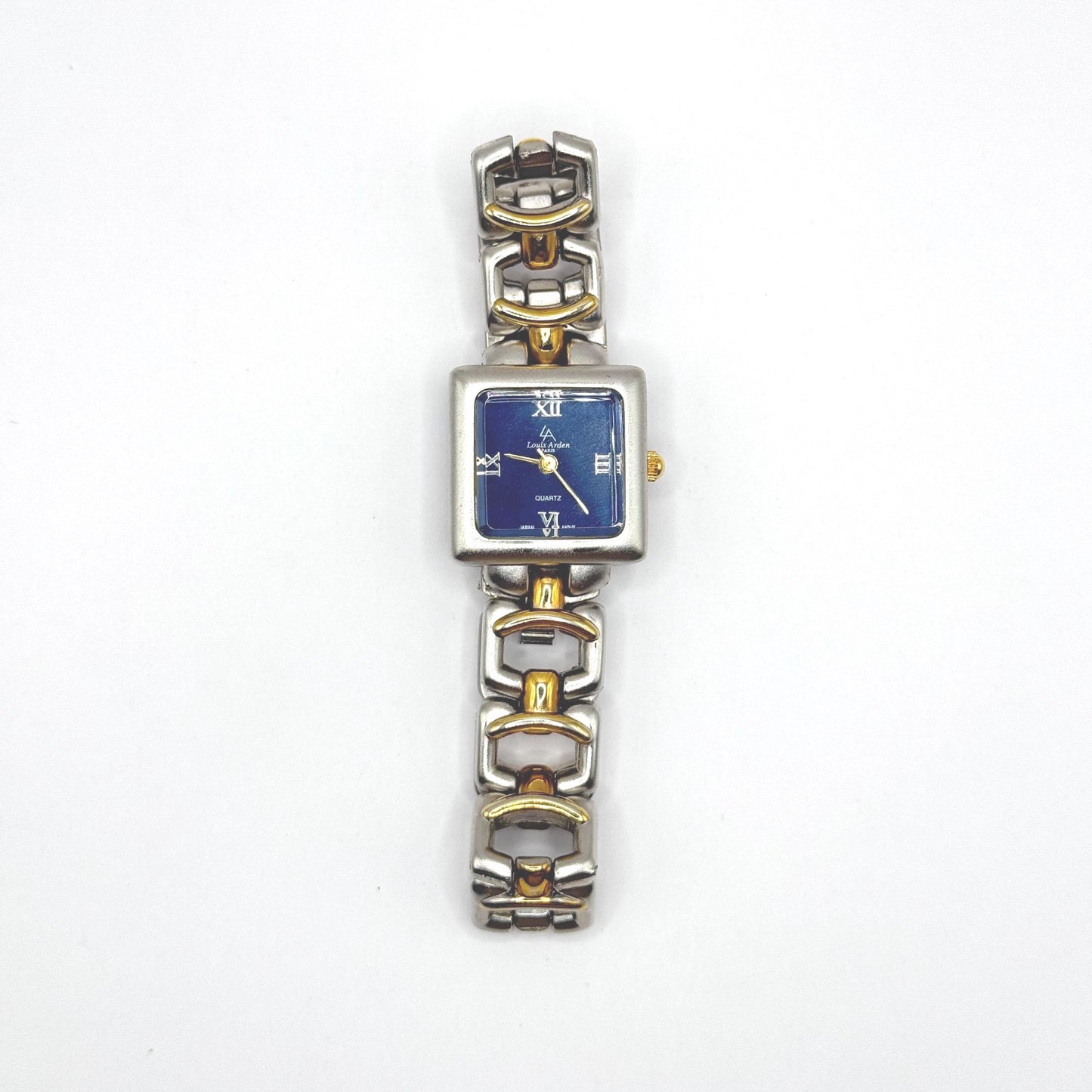 Vintage Watch with Blue Face and Mixed Metal Link Chain By Louis Arden