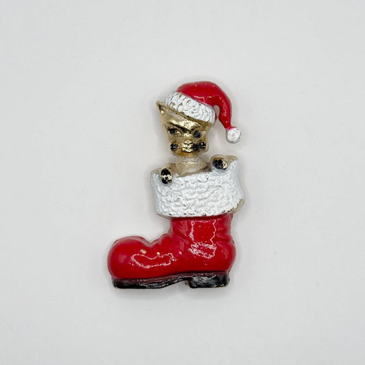 Vintage Brooch Pin of Gold Tone Cat in Red Enamel Santa Boot