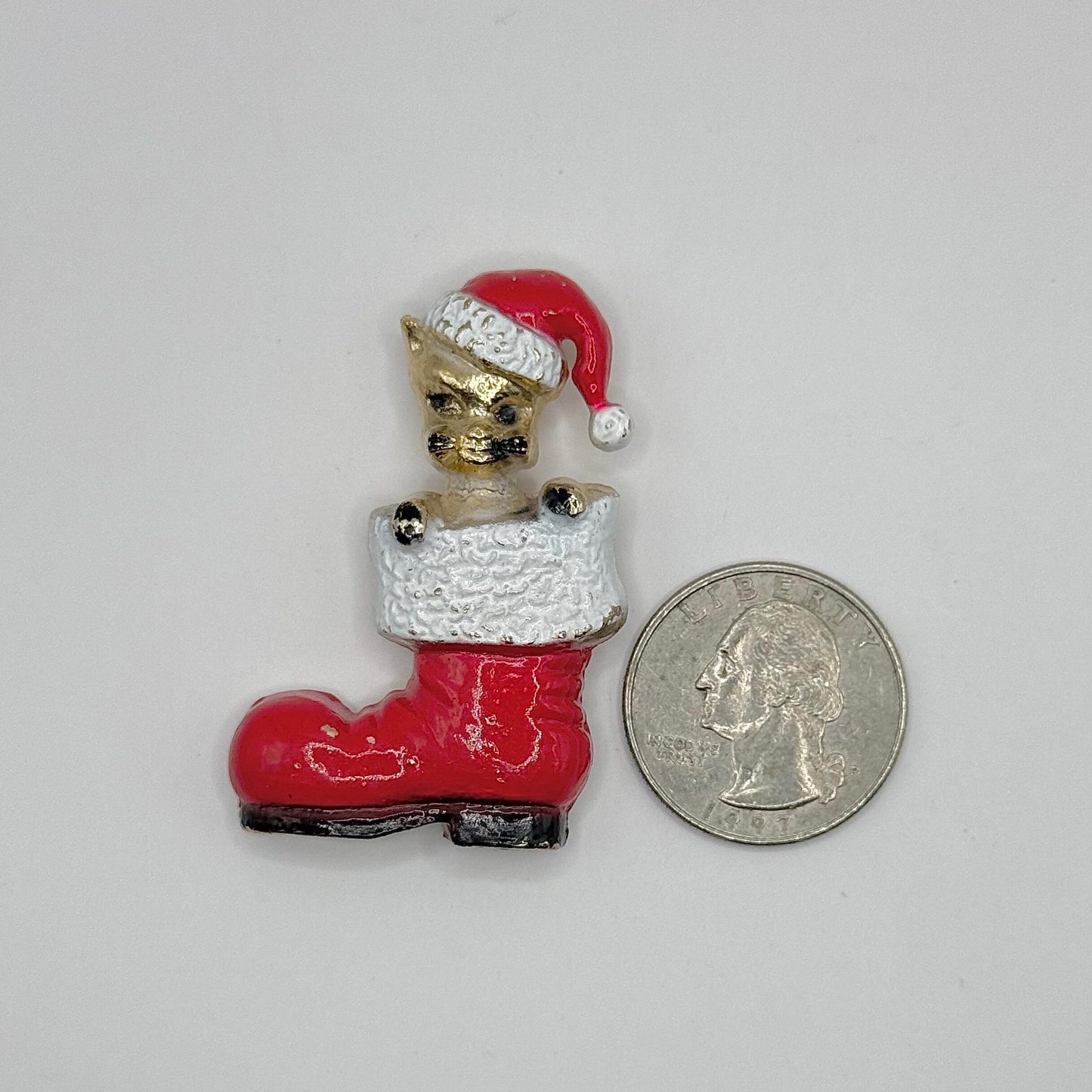 Vintage Brooch Pin of Gold Tone Cat in Red Enamel Santa Boot