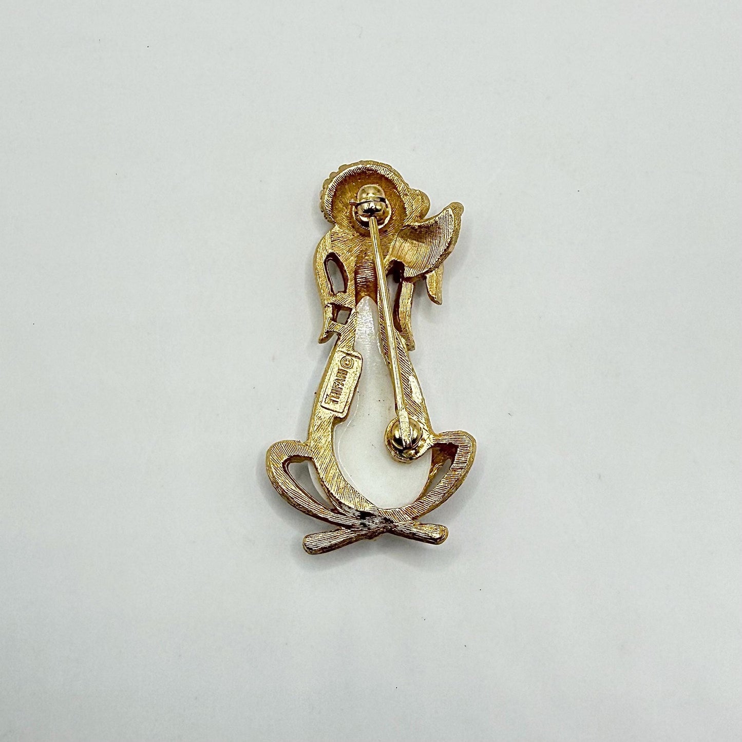 Vintage Trifari Poodle Brooch in Gold Tone with Milk Glass Body