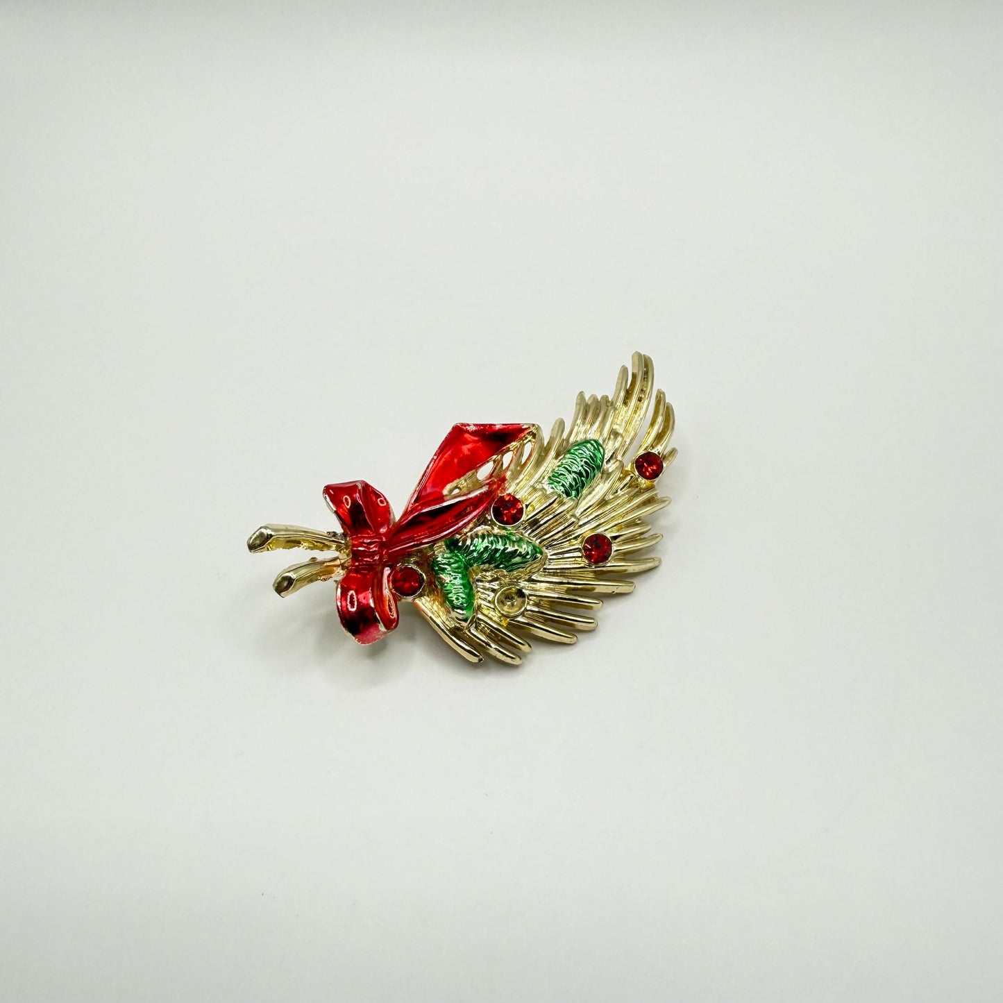Vintage Brooch of Christmas Bouquet with Enamel Painted Pine Cones, Ribbon & Rhinestones