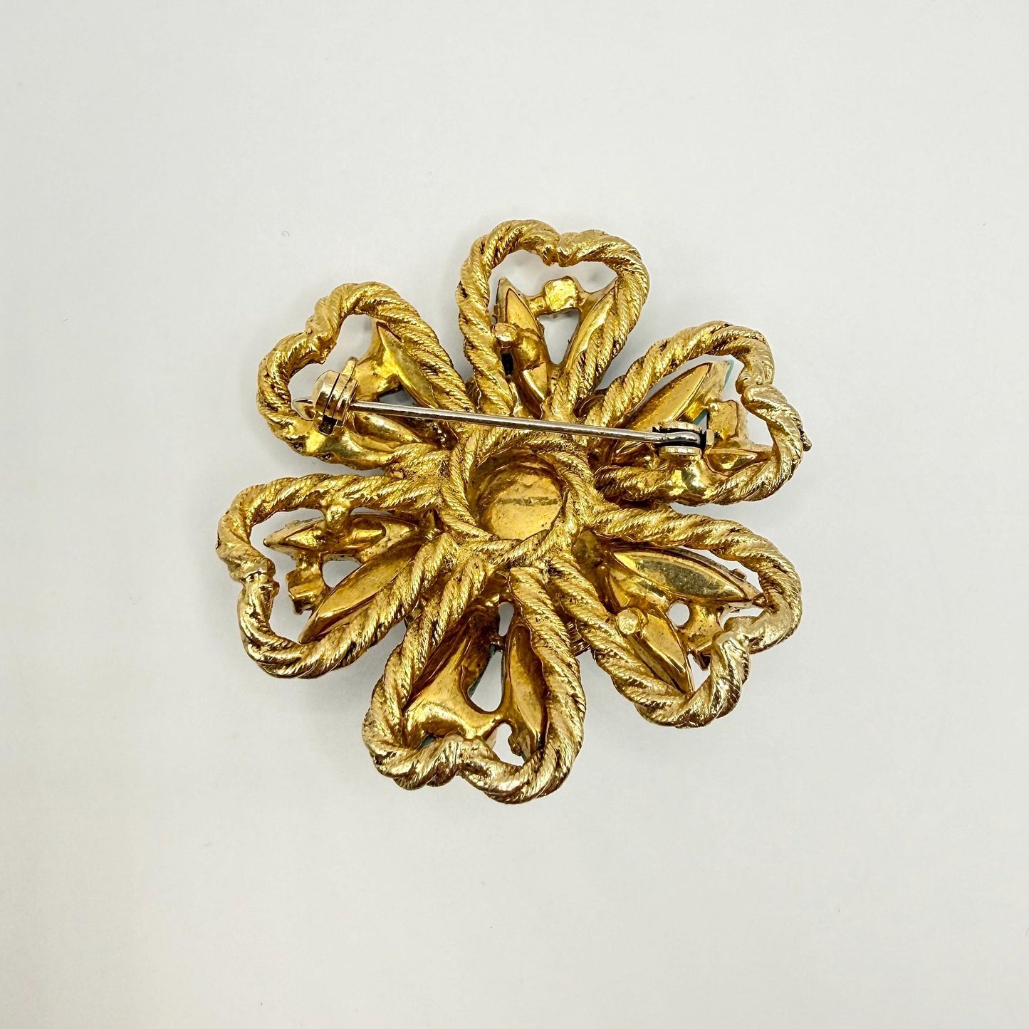 Vintage Brooch Pin of Gold Tone Flower with Turquoise and Clear Rhinestones