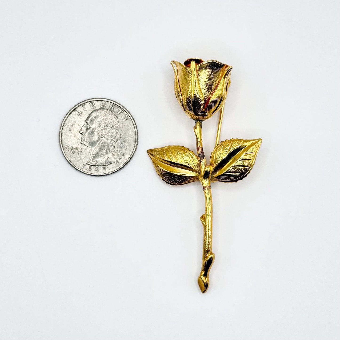 Vintage Brooch Pin of Gold Tone Rose and Leaves