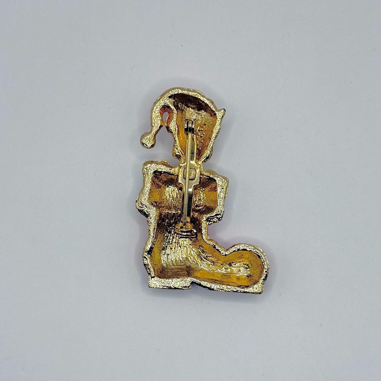 Vintage Brooch Pin of Gold Tone Cat in Red Enamel Santa Boot