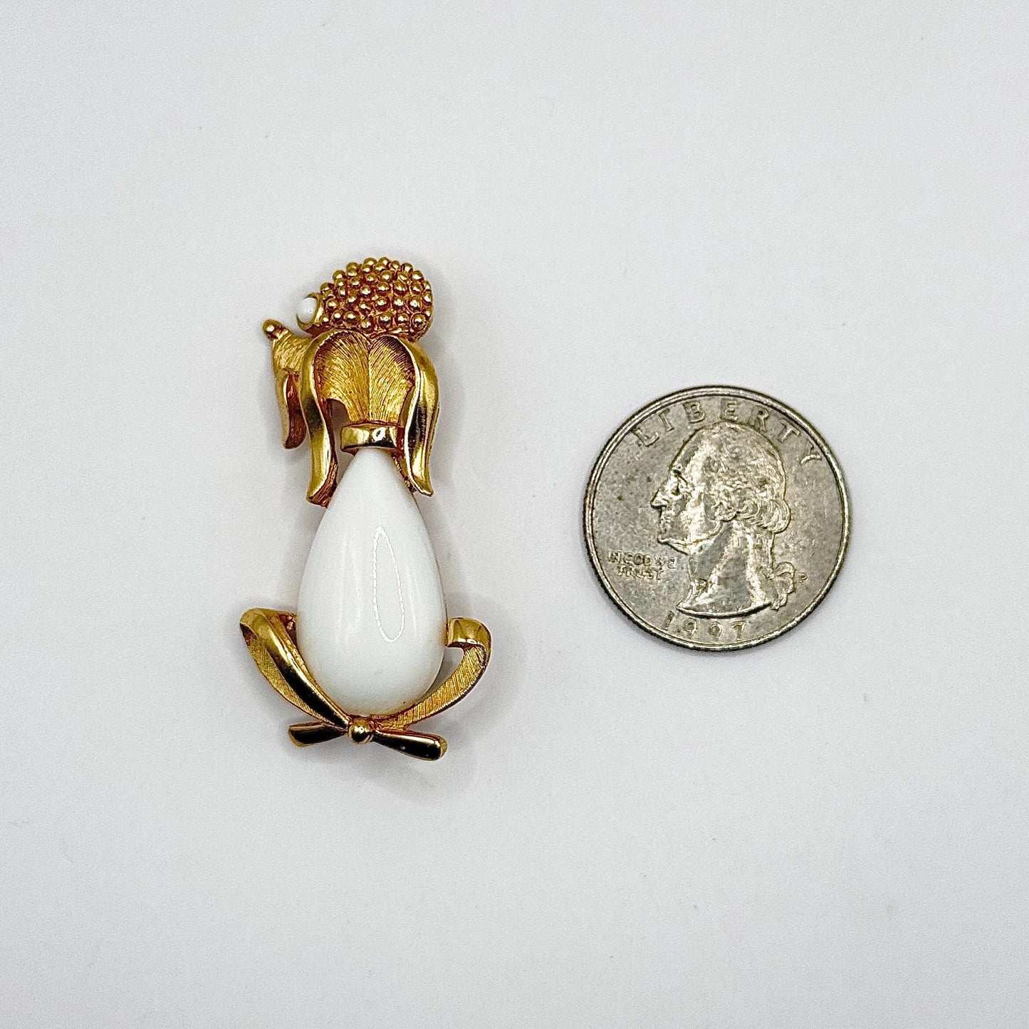 Vintage Trifari Poodle Brooch in Gold Tone with Milk Glass Body