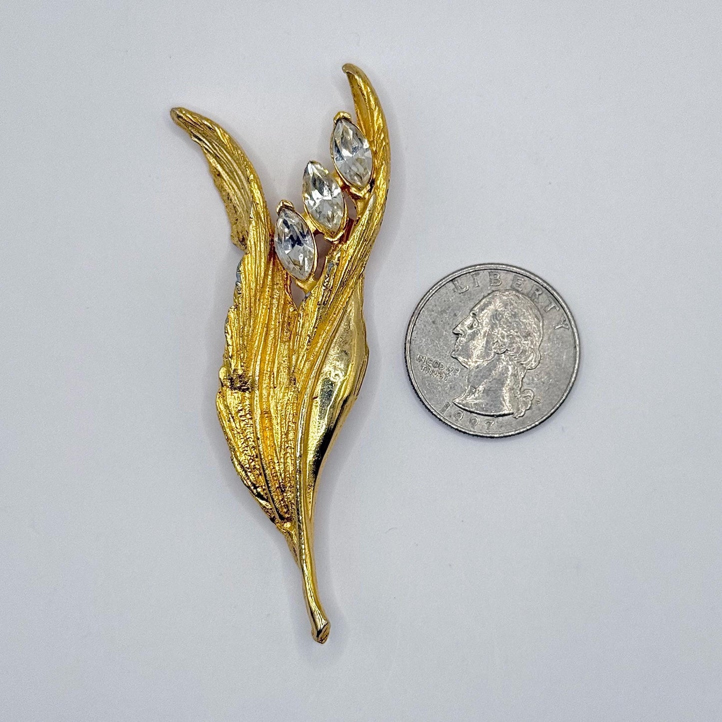 Vintage Brooch Pin of Lily of the Valley Flower in Gold Tone with Clear Gemstones