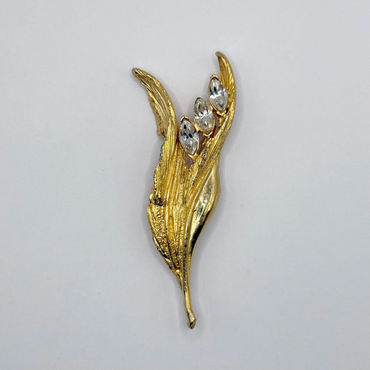 Vintage Brooch Pin of Lily of the Valley Flower in Gold Tone with Clear Gemstones