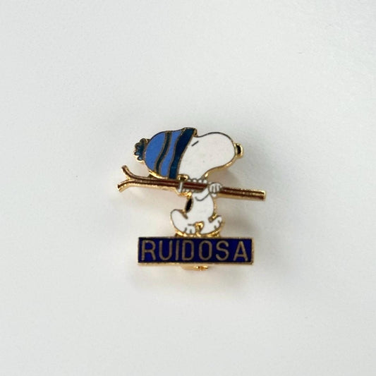 Vintage Brooch or Pin of Snoopy Carrying Skis and Reads Ruidosa