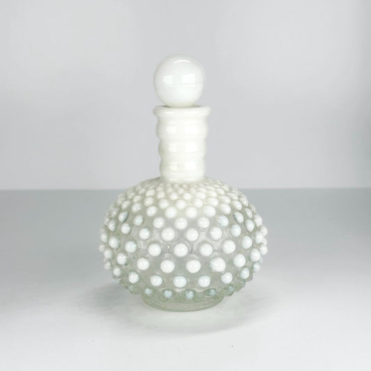 Vintage Decanter in a White Opalescent Moonstone Color with Hobnail Glass Design Made by Fenton