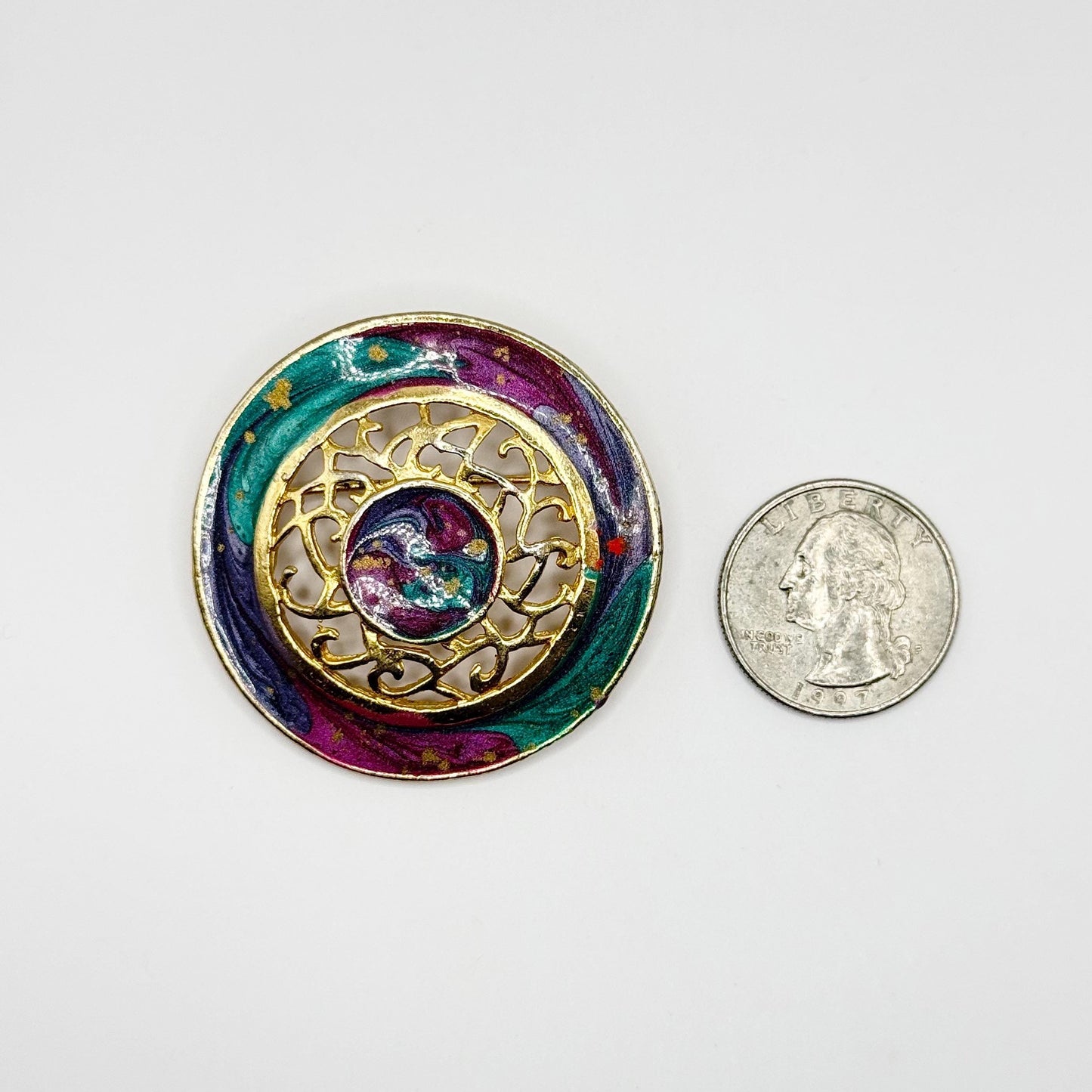 Vintage Brooch with Gold Tone Filigree with Purple and Teal Epoxy Enamel Swirls