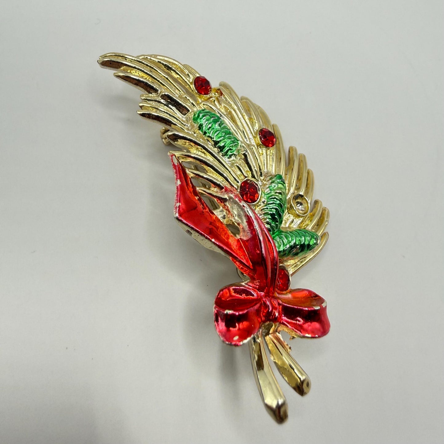 Vintage Brooch of Christmas Bouquet with Enamel Painted Pine Cones, Ribbon & Rhinestones