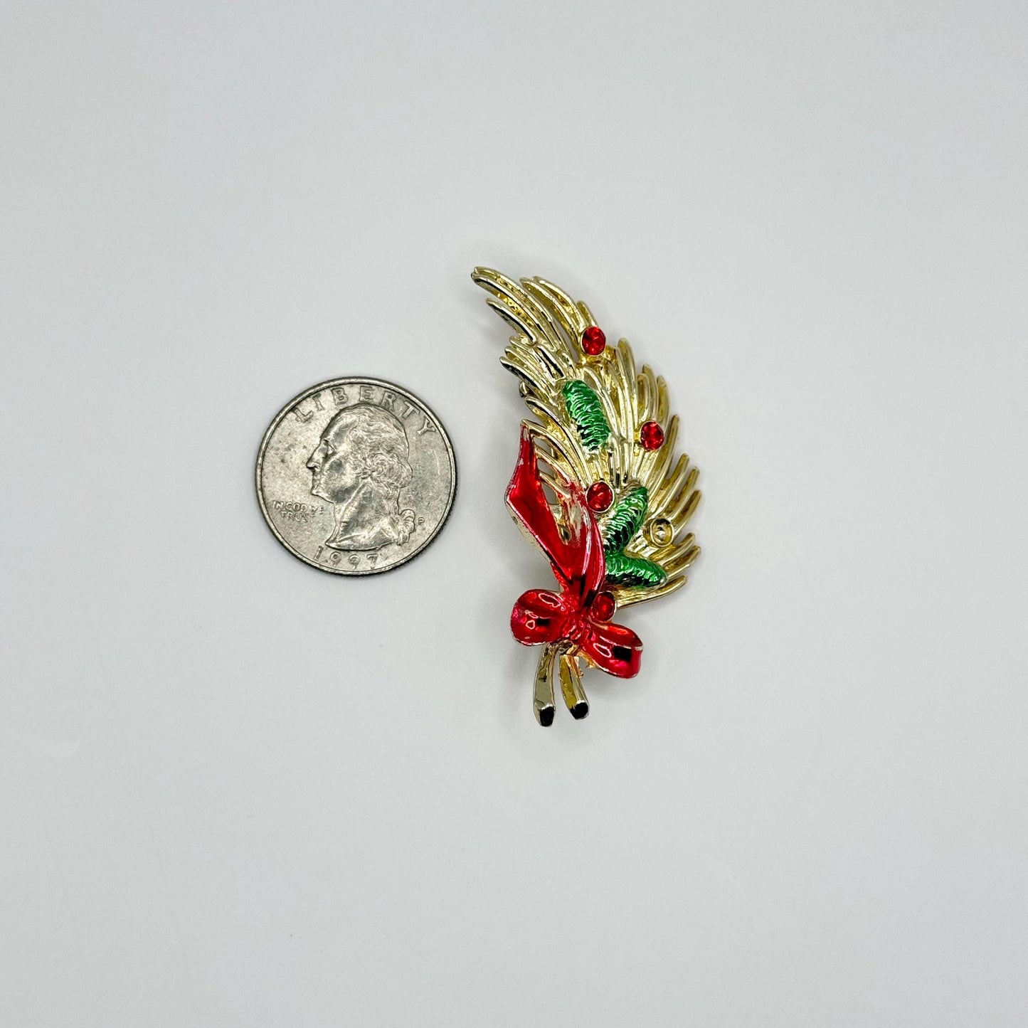 Vintage Brooch of Christmas Bouquet with Enamel Painted Pine Cones, Ribbon & Rhinestones