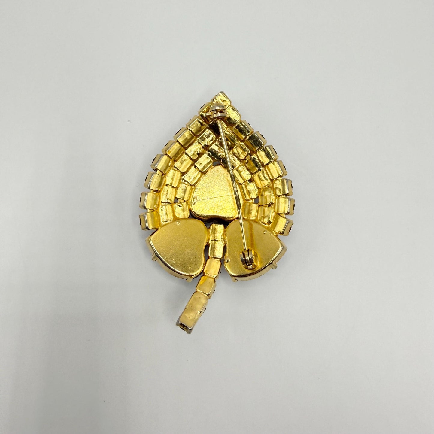 Vintage Brooch of Gold Tone Leaf with Iridescent and Brown Rhinestones