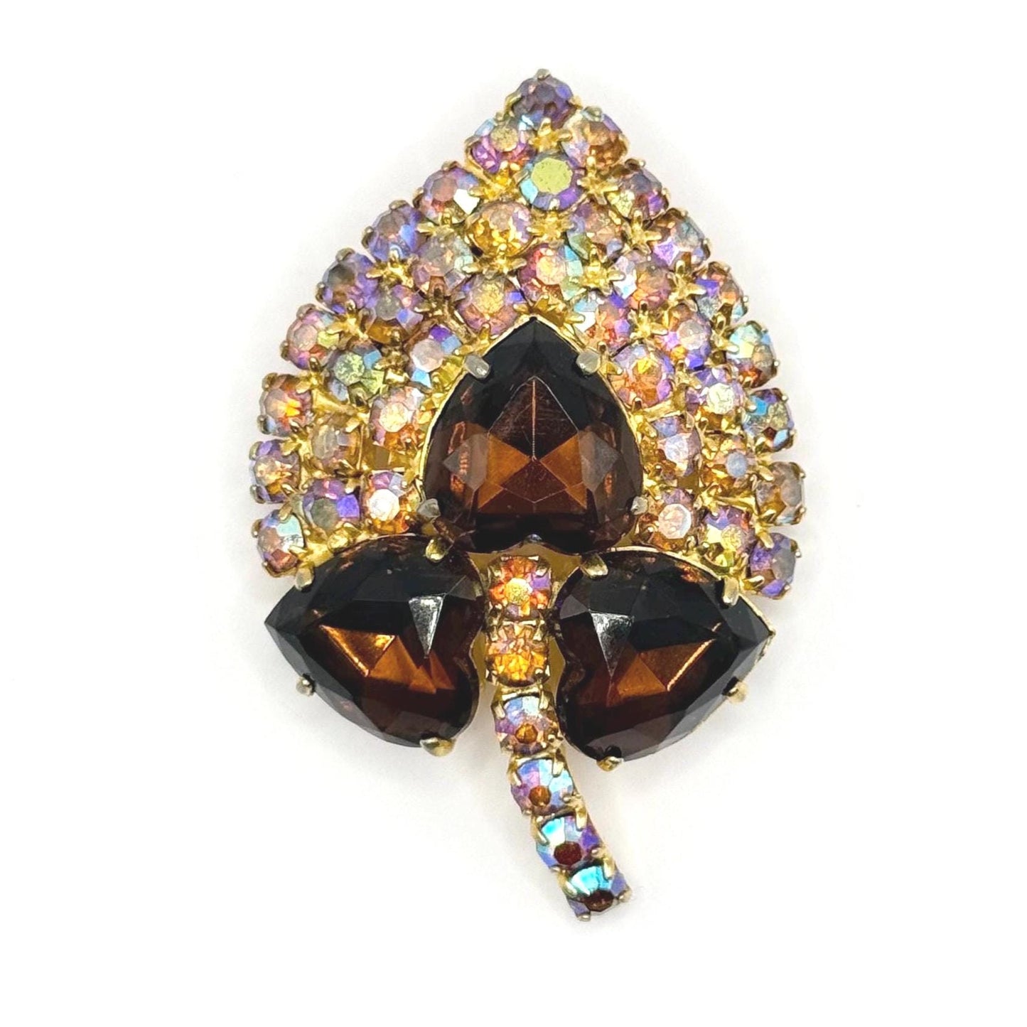 Vintage Brooch of Gold Tone Leaf with Iridescent and Brown Rhinestones
