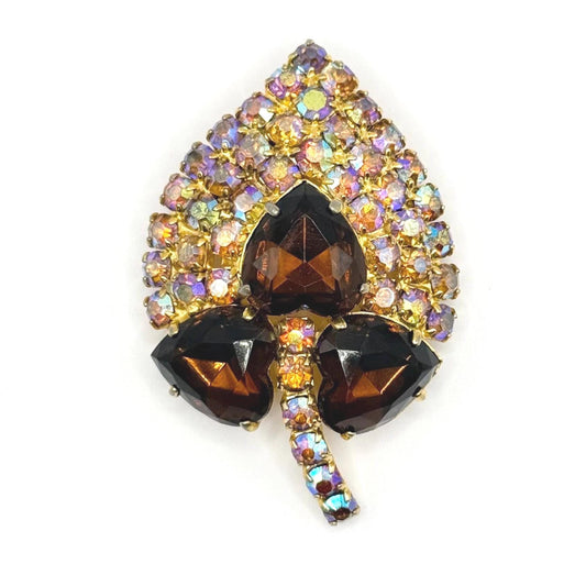 Vintage Brooch of Gold Tone Leaf with Iridescent and Brown Rhinestones