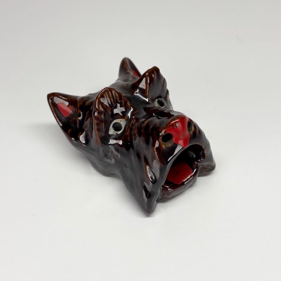 Vintage Ashtray of a Schnauzer Dog with Red Accents and Made in Japan