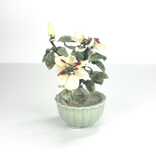 Vintage Artificial Plant with Quartz and Jade Glass Flowers in Celadon Pot
