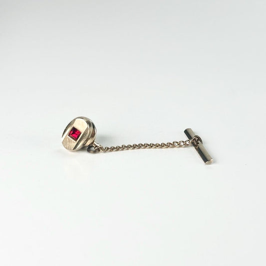 Vintage Tie Tack in Gold Tone with Red Rhinestone Stamped Swank