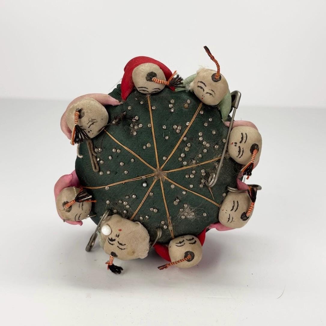 Vintage Pin Cushion with Green Silk and Children Playing Made in Japan