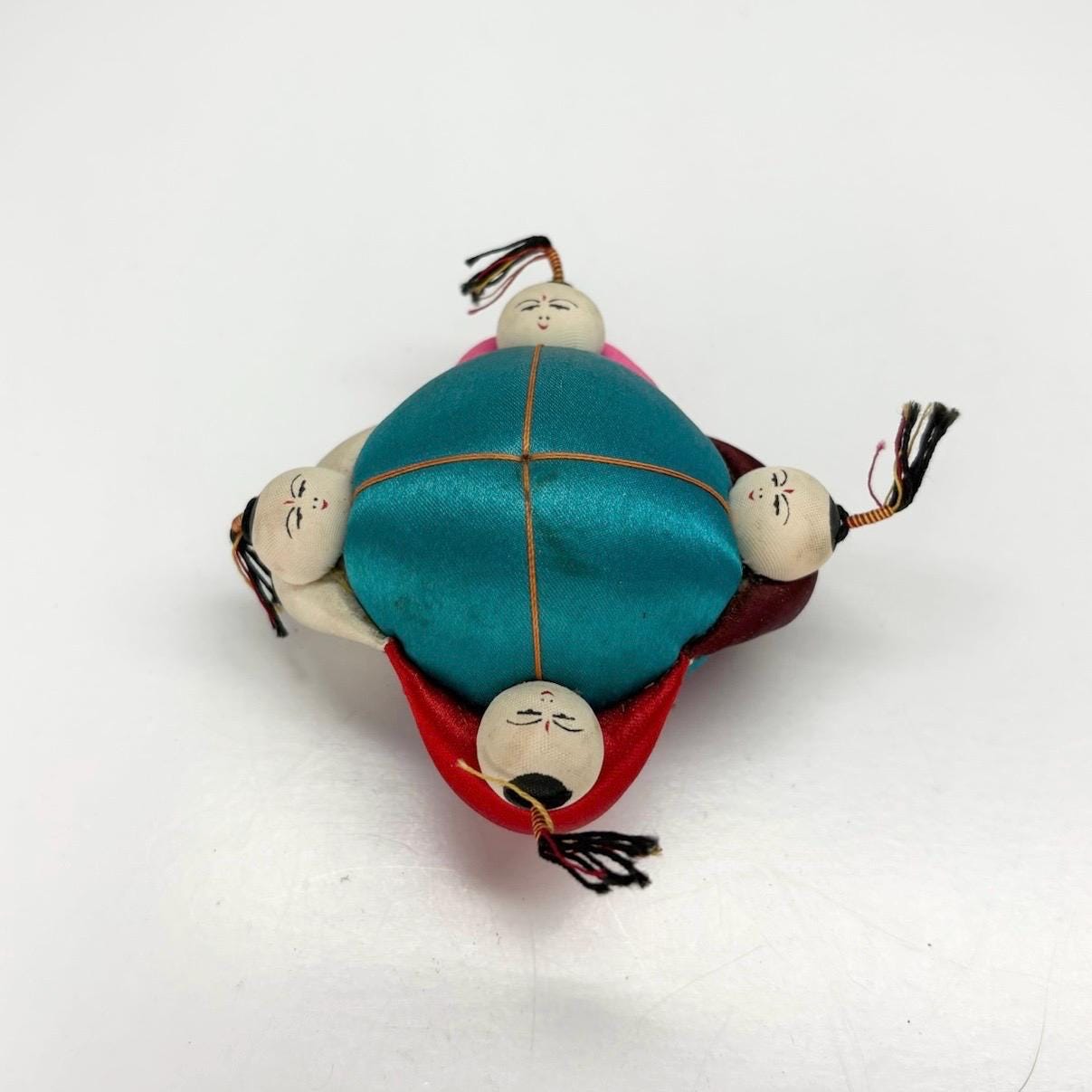 Vintage Mini Pin Cushion with Teal Silk and Children Playing