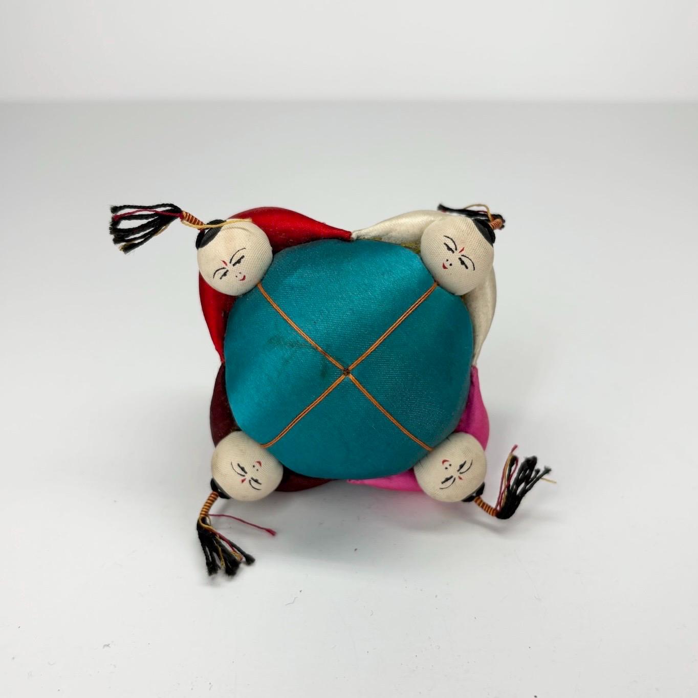 Vintage Mini Pin Cushion with Teal Silk and Children Playing