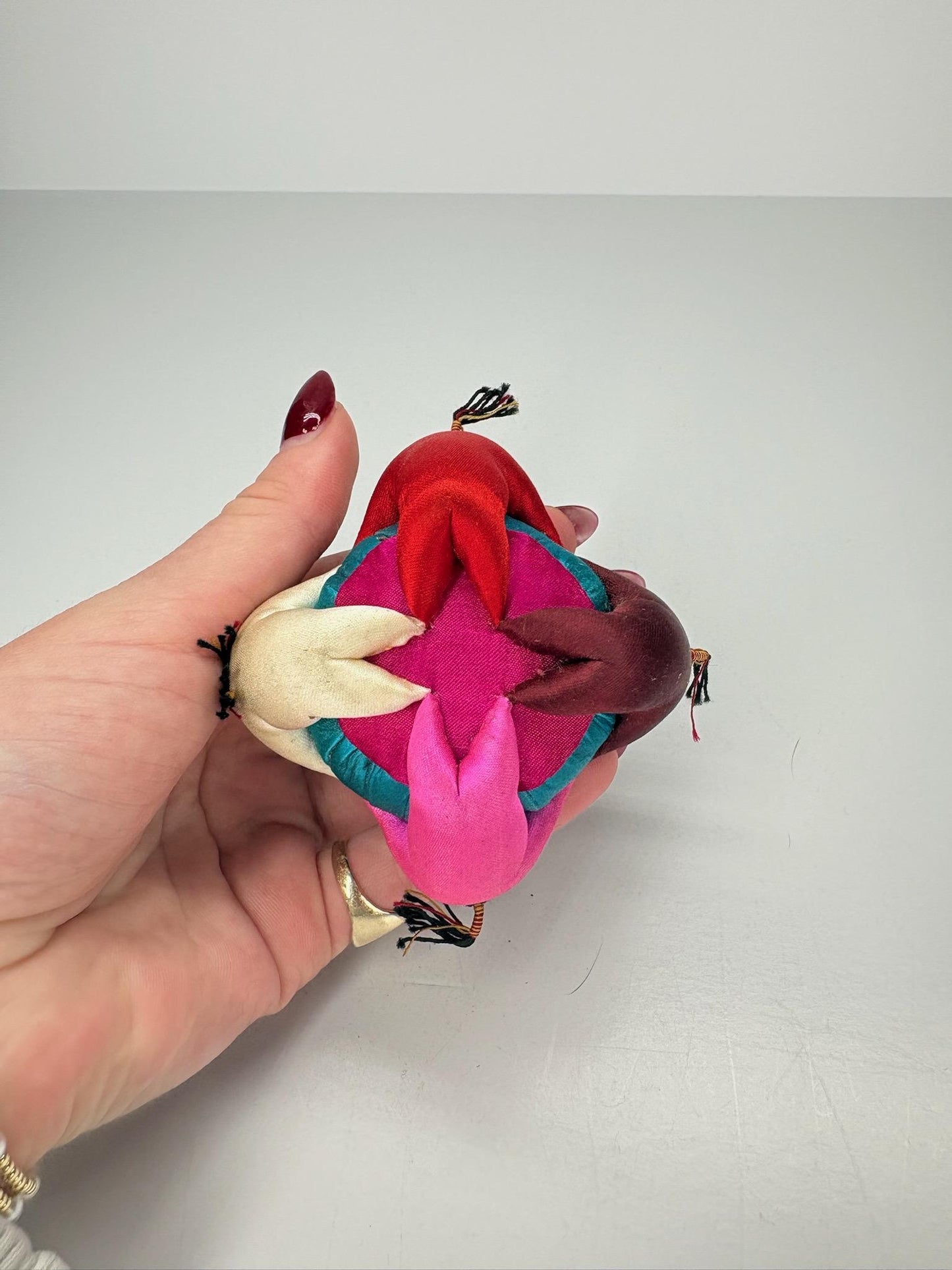 Vintage Mini Pin Cushion with Teal Silk and Children Playing