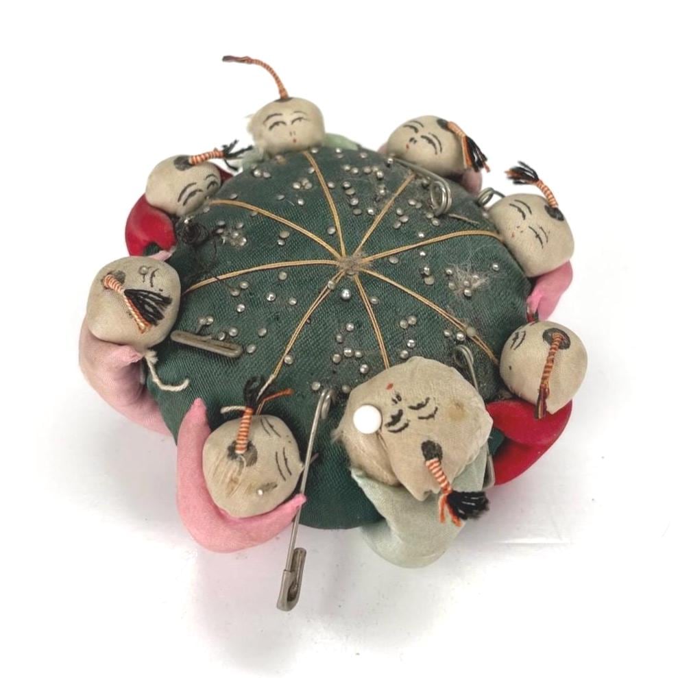 Vintage Pin Cushion with Green Silk and Children Playing Made in Japan