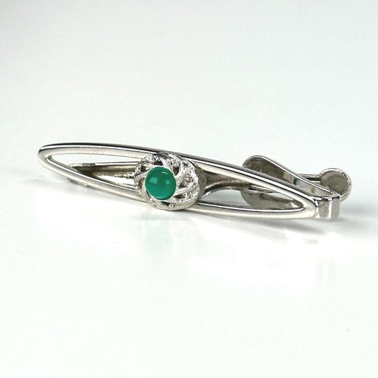 Vintage Tie Clip in Silver with Green Gemstone Made by Swank