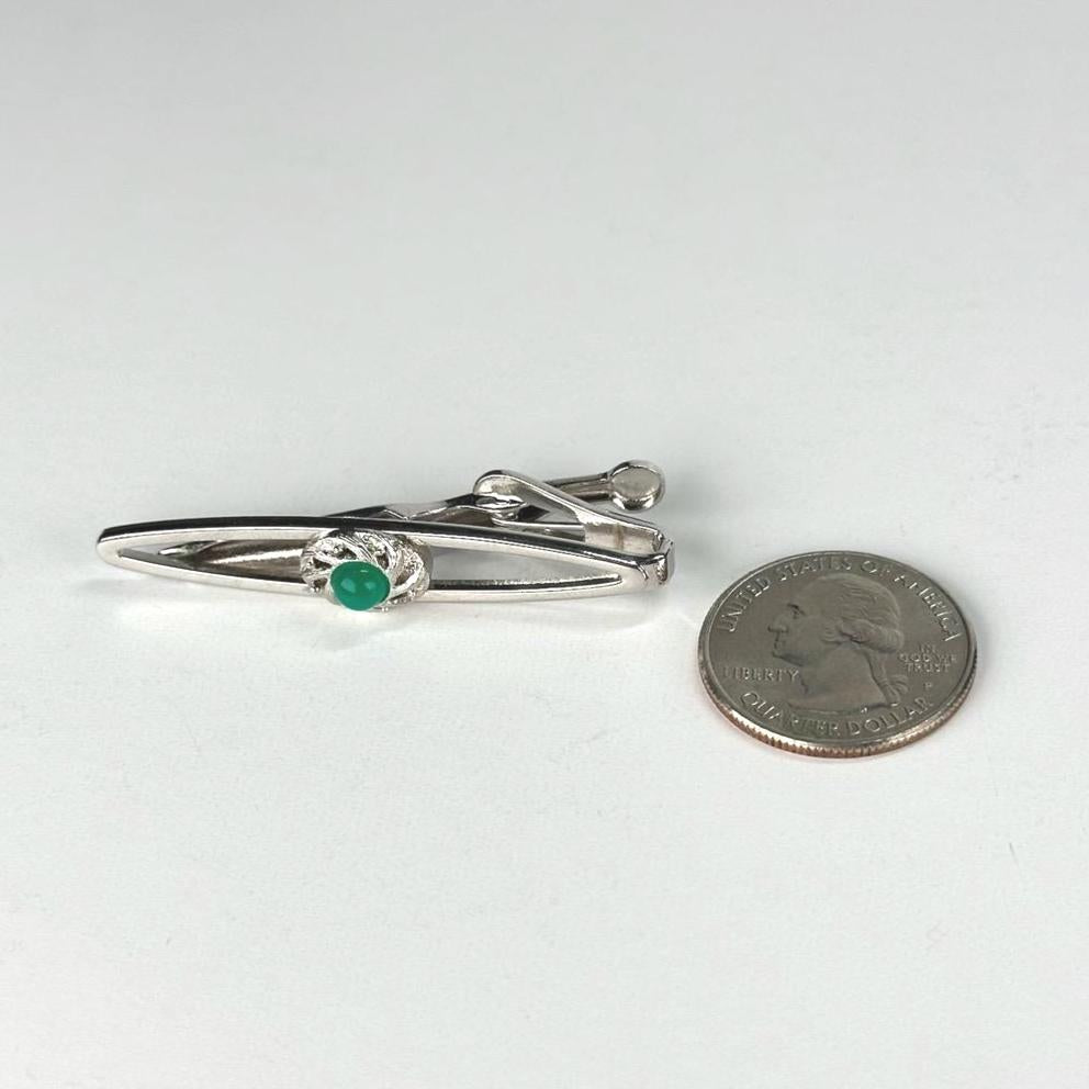 Vintage Tie Clip in Silver with Green Gemstone Made by Swank