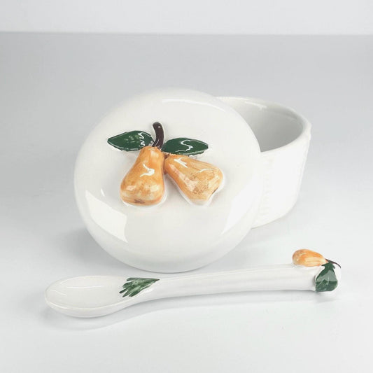 Vintage Jam Jar with Spoon in 3D Pear Design Made for Casafina in Portugal